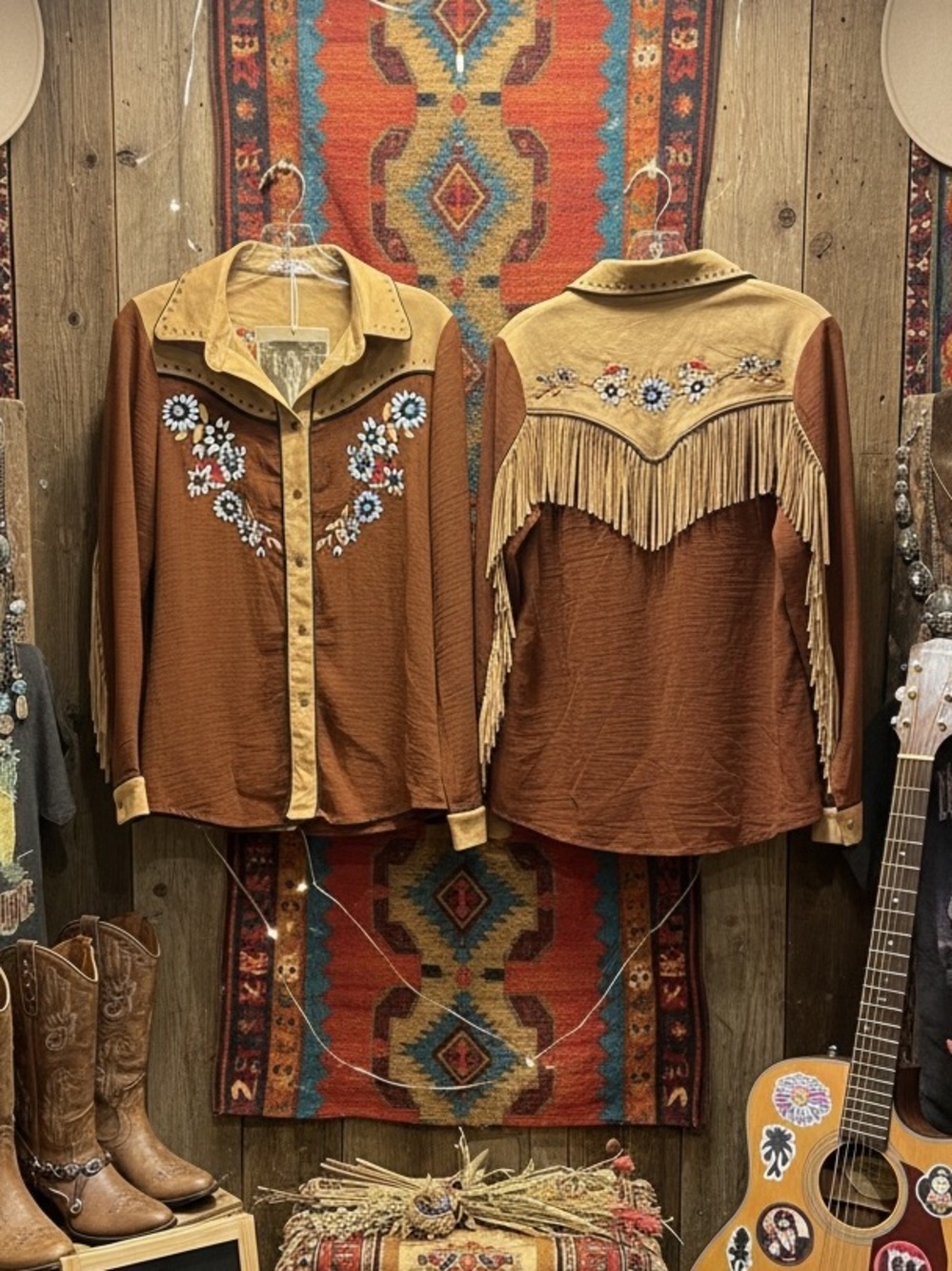John Moon Western Fringe Embroidered Cowgirl Rodeo Boho Brown Button Shirt